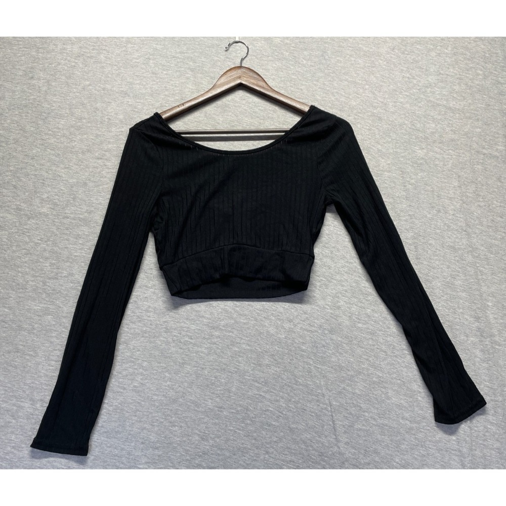 Ellie & Kate Ribbed Cropped Top Womens Small Black Long Sleeve Scoop Neck Casual